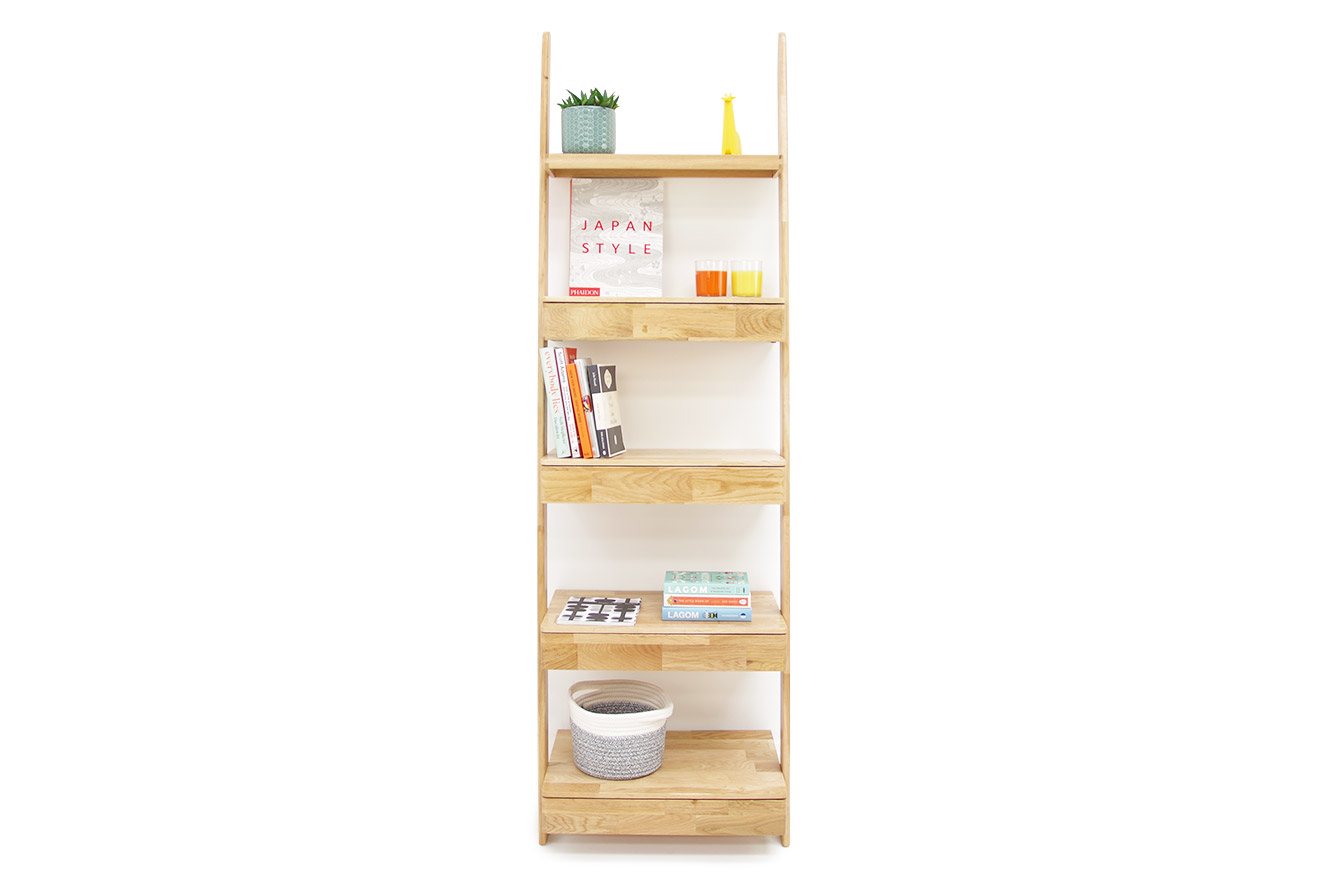 Natural Oak Leaning Shelves With Drawer, Leaning Ladder Bookcase With Drawers