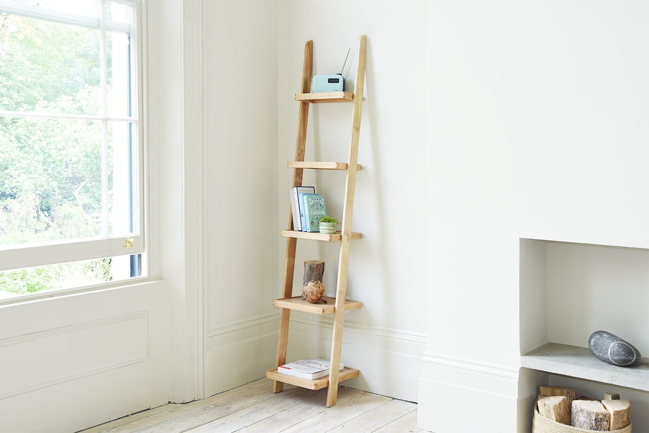 Natural Oak Ladder Shelves Slim Narrow, Slim White Ladder Bookcase
