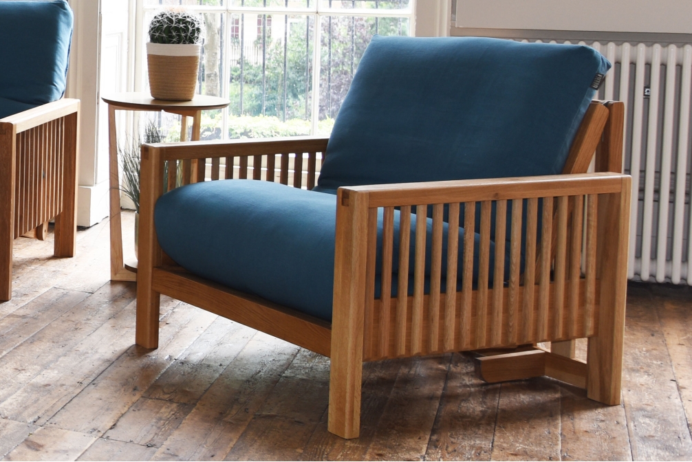 Oak Rondo Seat Sofa Bed Handloom Oslo Blue