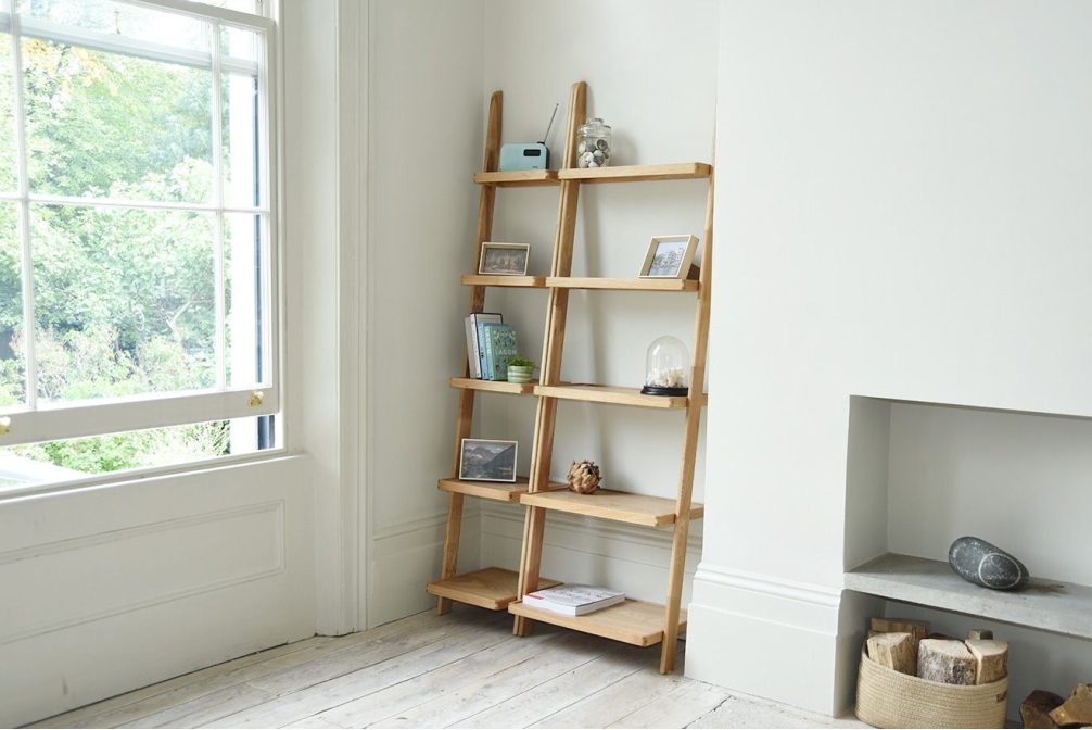 Oak Leaning Ladder Shelves in a living room with Oak Narrow Leaning Ladder Shelves