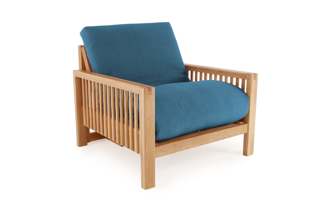 Rondo - Single Seater Oak Sofa Bed - Handloom Oslo Blue, Angled view