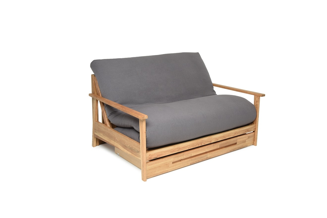 Oak Two Seat Under Sofa Bed shown under sofa bed