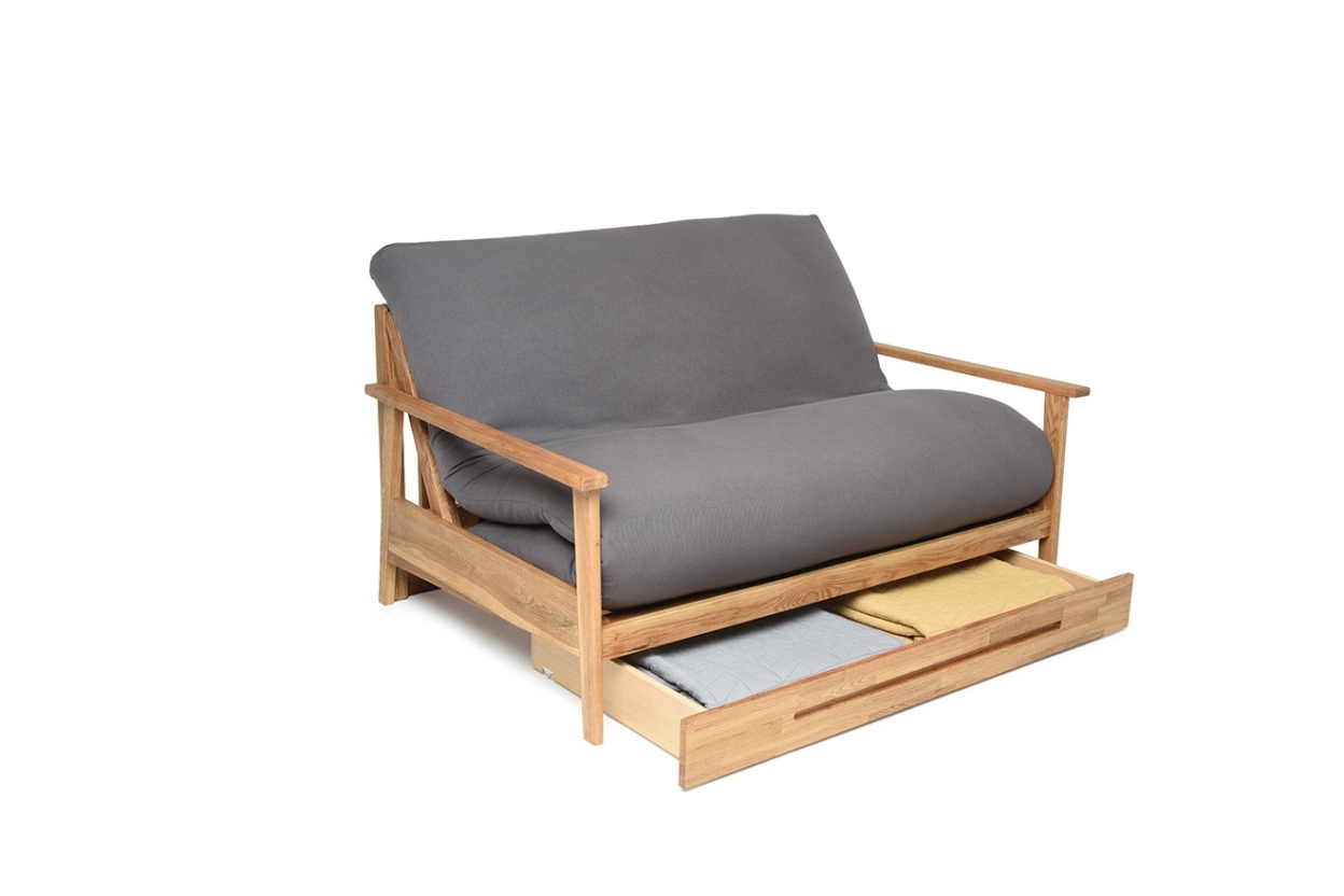 Oak Two Seat Under Sofa Bed shown under sofa bed open