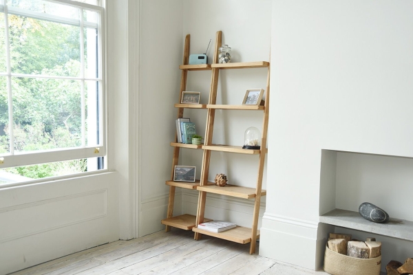 Oak Leaning Ladder Shelves in a living room with Oak Narrow Leaning Ladder Shelves