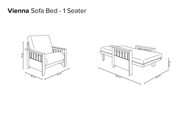 Vienna - Single Seater Solid Oak Sofa Bed - Dimensions