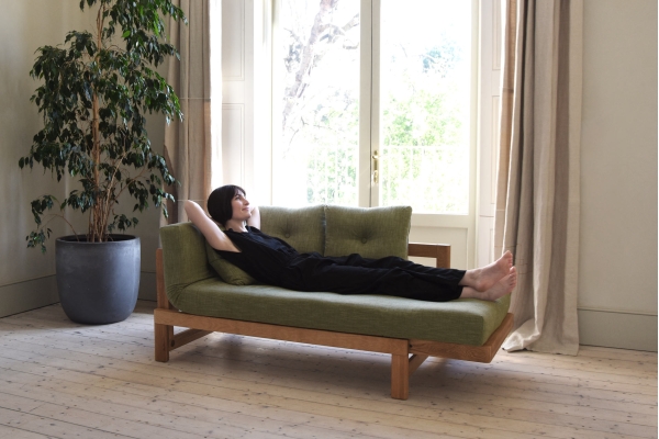 Oak Snuggler  Sofa Bed - Partially unfolded, Coast Weave Sea Foam Green Clay