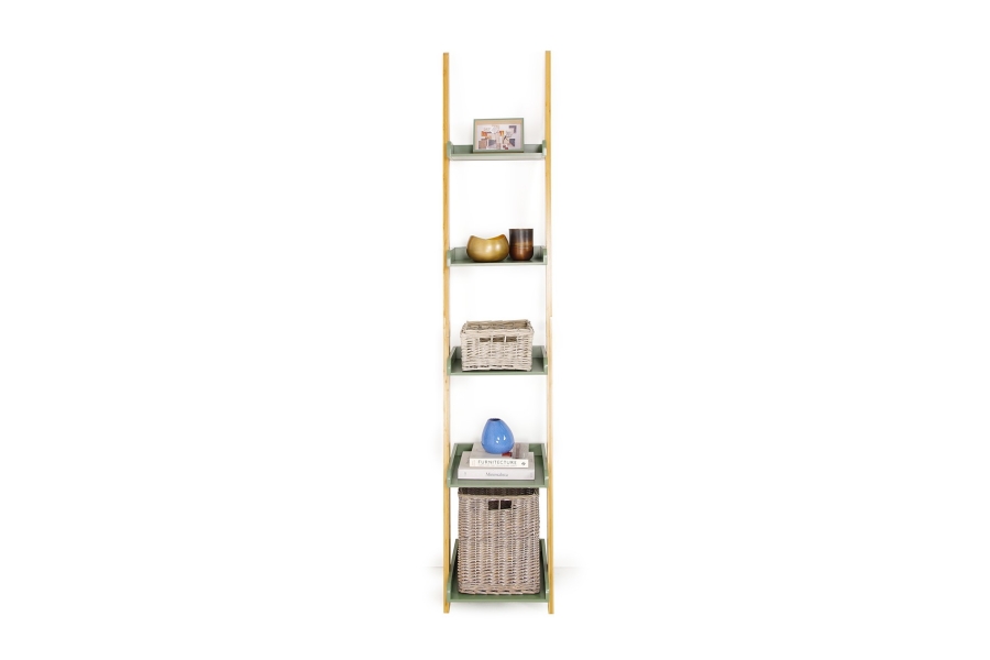 Narrow Bamboo and Olive Green Ladder Shelf