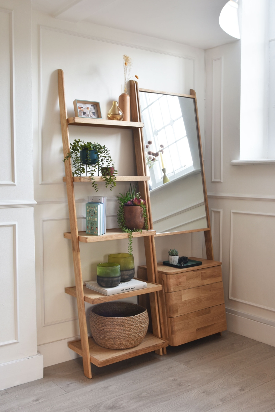 FC Oak Rounded Leaning Mirror Drawers Luxe LS