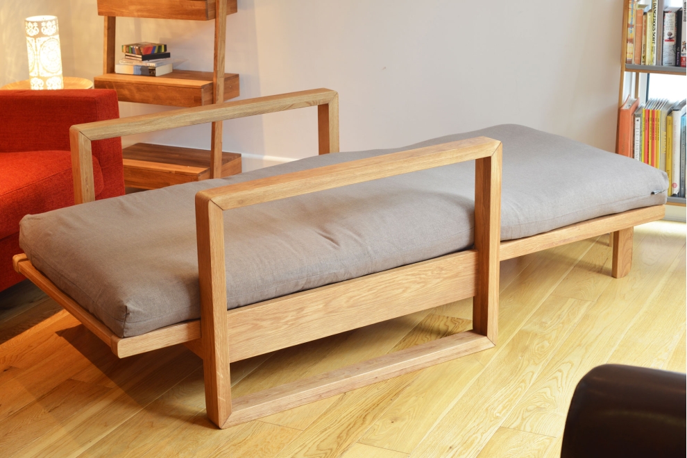 Cuba - Single Seater Solid Oak Sofa Bed - Unfolded, angled view, interior