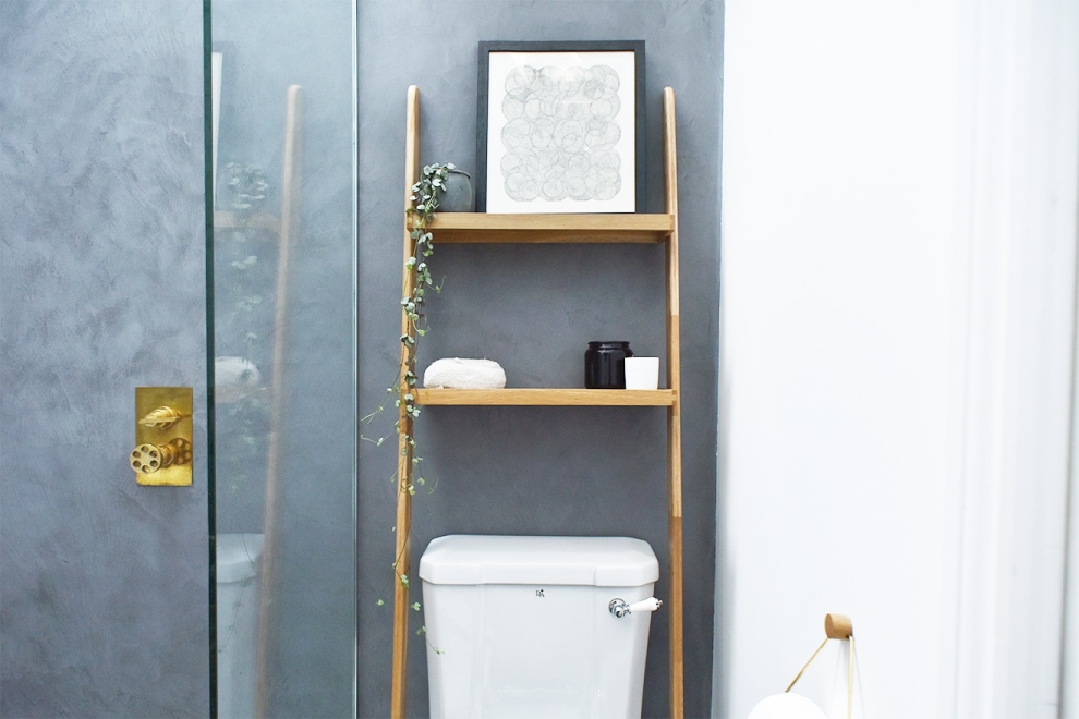 Leaning Shelves above toilet