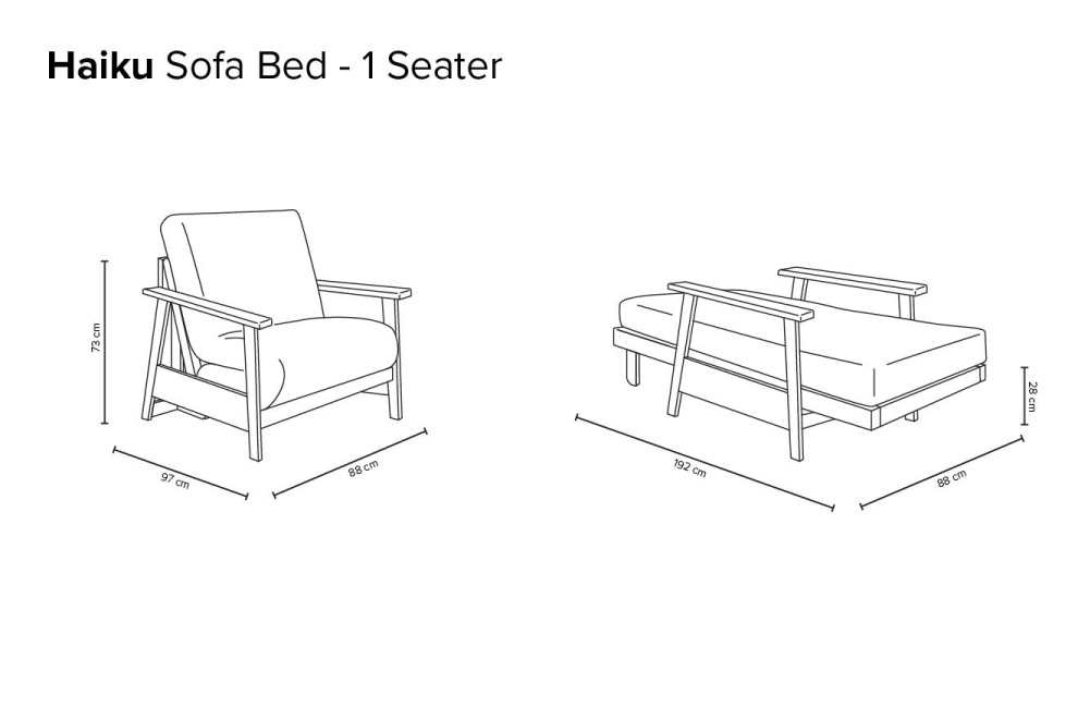 Haiku - Single Seater Solid Oak Sofa Bed - Dimensions